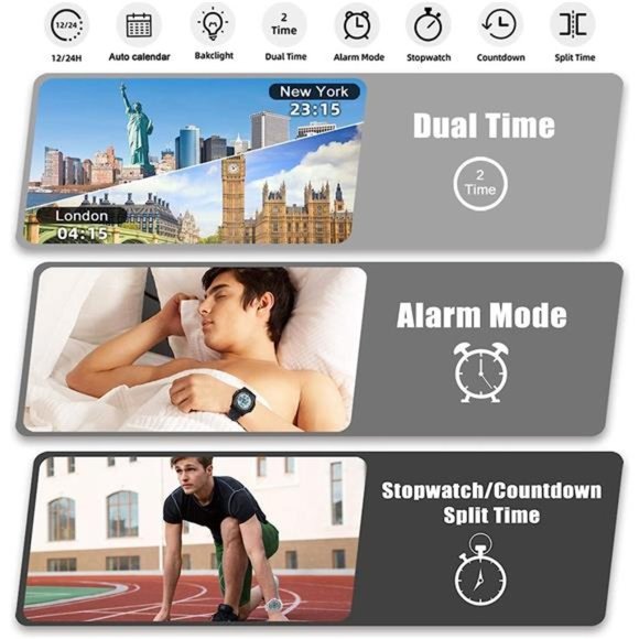 Digital Watch Waterproof with Stopwatch Alarm Countdown Dual Time, Ultra-Thin - Picture 5 of 6